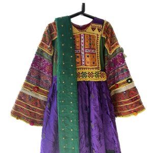 Purple and Green Afghan Kuchi Dress Long, 3 Piece, Traditional, Medium Size